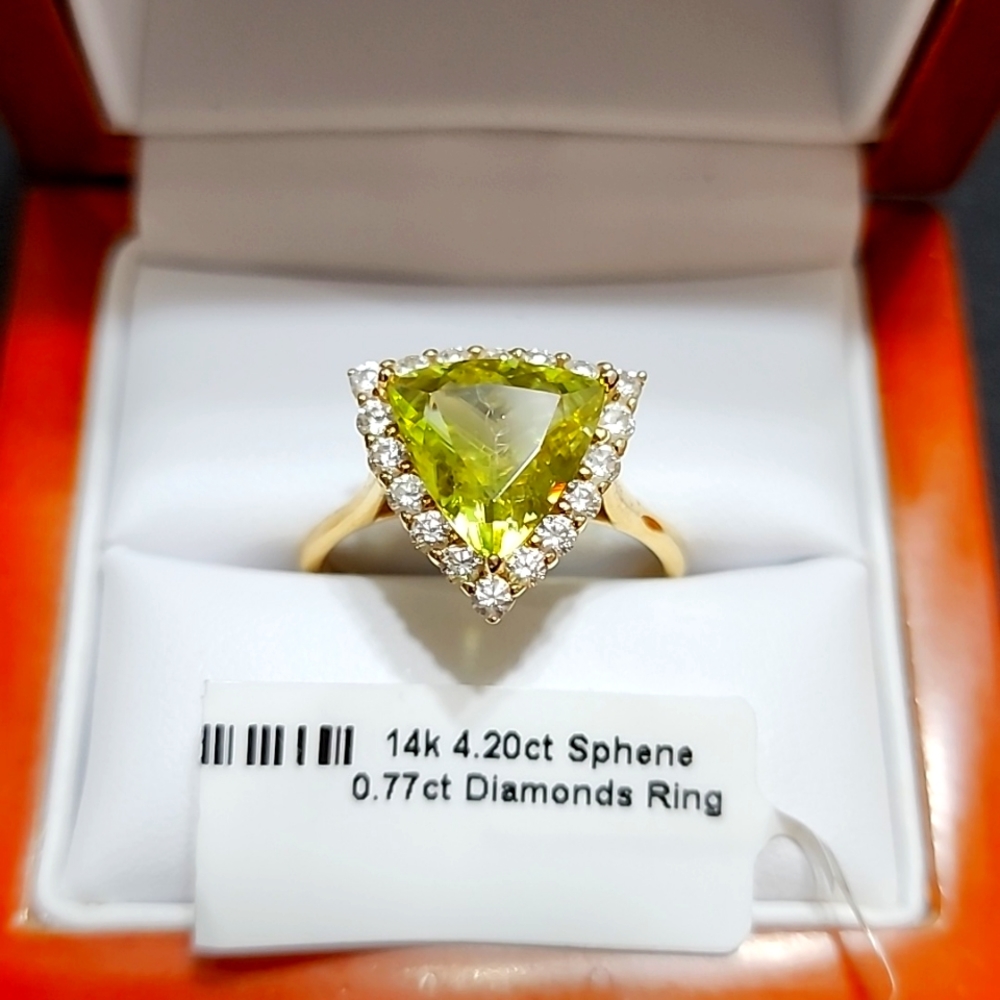 Rare Trillion Sphene and Bright Diamond Halo 14kt Gold Ring
